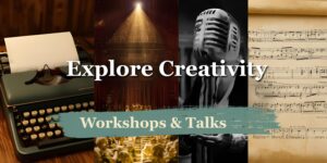 banner of various images of a typewriter, people at a dinner table, sheet music, spotlight and mic